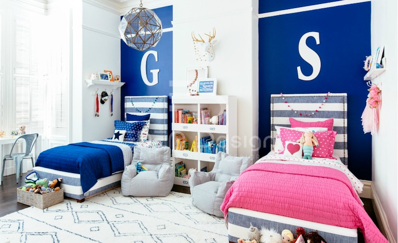 Tông màu xanh da trời và hồng nhạt luôn là lựa chọn hàng đầu khi thiết kế phòng ngủ cho bé trai và bé gái