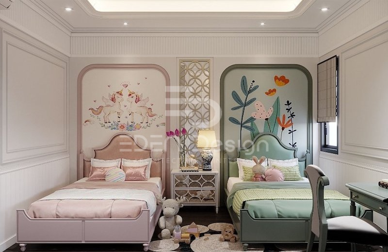 Mẫu phòng ngủ đôi cho bé trai và bé gái đầy mộng mơ theo tone pastel