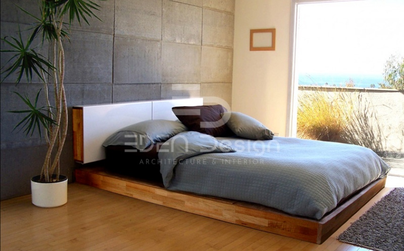 Mẫu giường ngủ bệt cách điệu đầu giường từ chất liệu gỗ nhân tạo