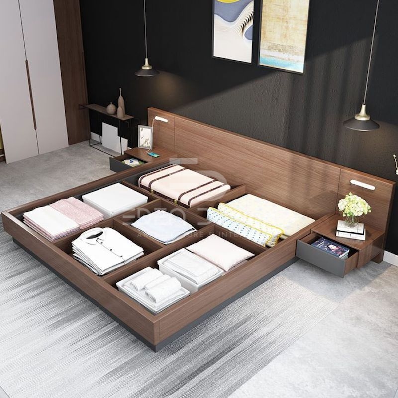 Decor phòng ngủ giường bệt đa năng với nhiều ngăn tủ chứa đồ