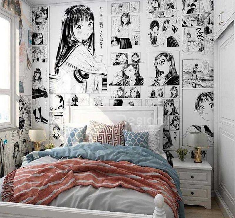 Giường ngủ màu sắc nổi bật trong căn phòng anime đen trắng