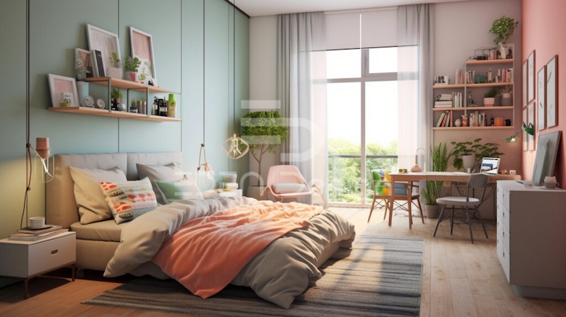Gam màu pastel kết hợp với không gian xanh rất phổ biến khi thiết kế phòng ngủ không gian mở