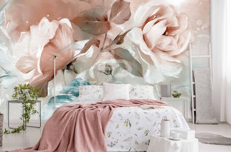 Họa tiết hoa hồng được ứng dụng trong các mẫu tranh dán tường phòng ngủ vợ chồng