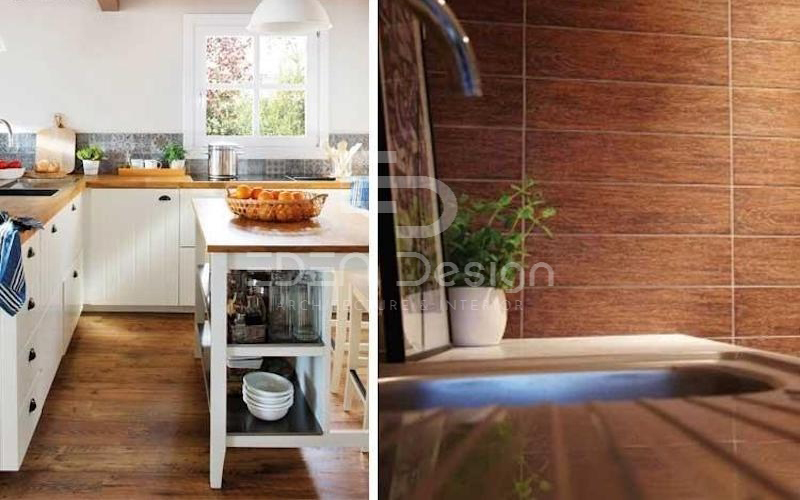 Nâng cao giá trị thẩm mỹ cho nhà bếp bằng cách phối gạch giả gỗ ốp tường và gạch giả gỗ lát sàn