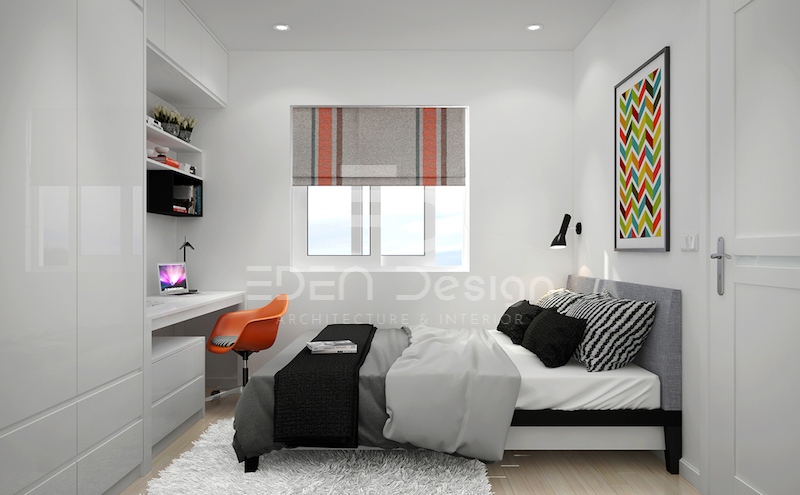 Mẫu phòng ngủ 11m2 với tủ âm tường và cách phối màu trung tính phù hợp cho cặp vợ chồng