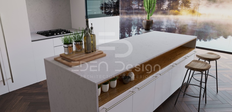 Quầy bar phòng bếp thiết kế hai ngăn giúp lưu trữ đồ tiện dụng trên bề mặt nền xám nhạt tinh tế