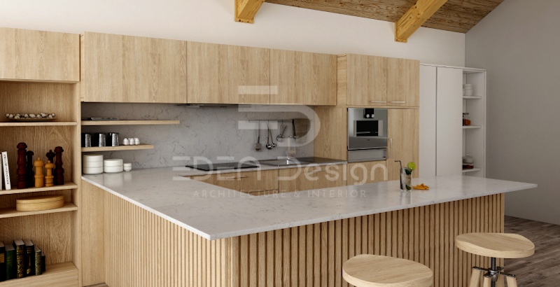 Mẫu bar bếp chân gỗ nối liền với bếp nấu dành cho phòng bếp rộng