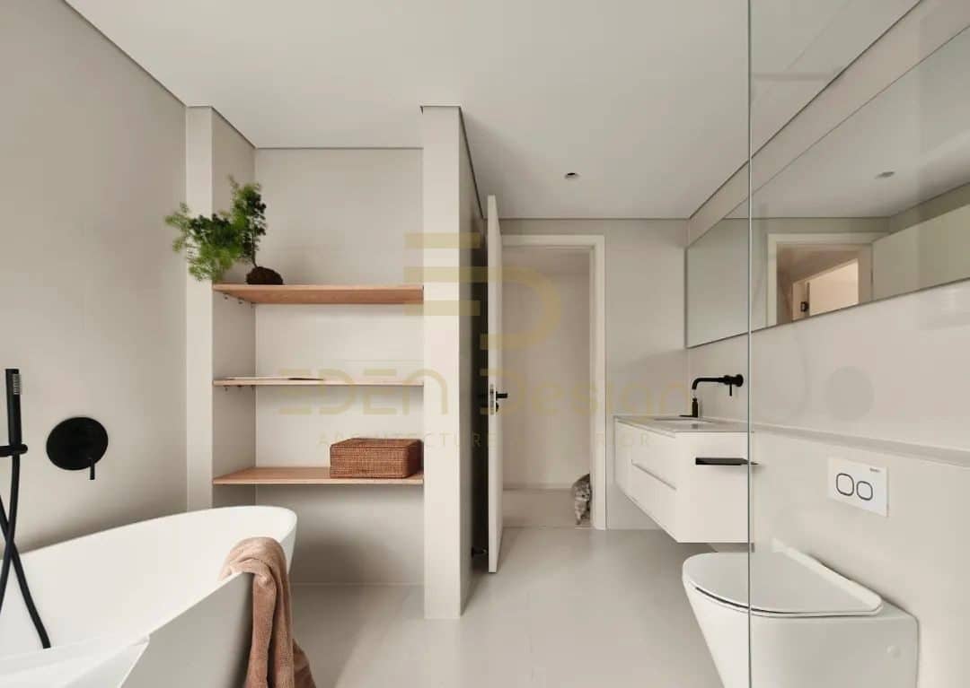 Tổng thể nhà tắm trong thiết kế căn hộ chung cư 1 phòng ngủ dành cho cô gái độc thân