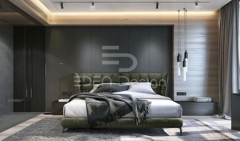 Phòng ngủ hiện đại sử dụng hệ tủ âm tường giúp không gian sinh hoạt rộng rãi hơn