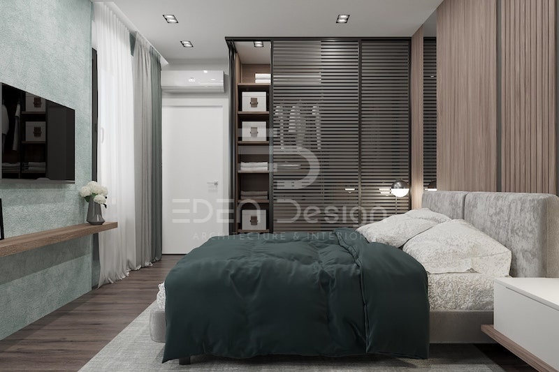 Phòng ngủ 18m2 gam màu trầm tuy đơn giản nhưng đủ tiện nghi và tốt cho giấc ngủ