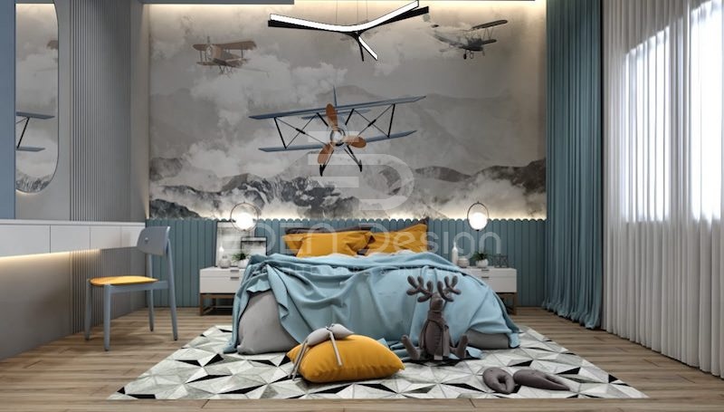 Thiết kế phòng ngủ 18m2 cho bé trai bằng tone màu xanh xám cá tính