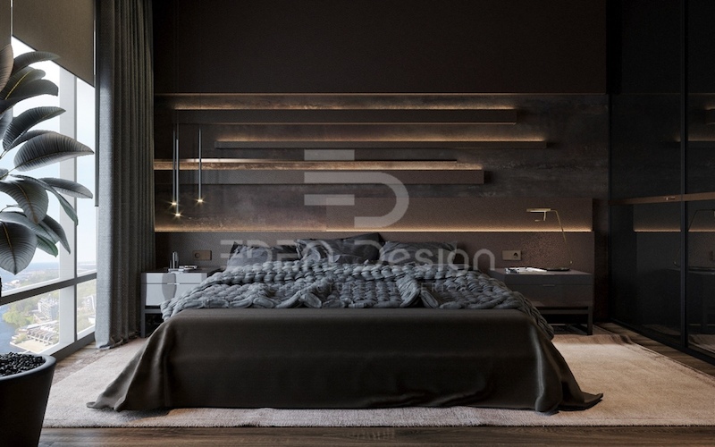 Phòng ngủ hiện đại gây ấn tượng bởi nội thất gỗ nâu trầm