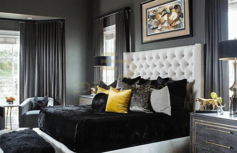 Phòng ngủ sang chảnh theo phong cách Luxury lấy tone đen làm chủ đạo