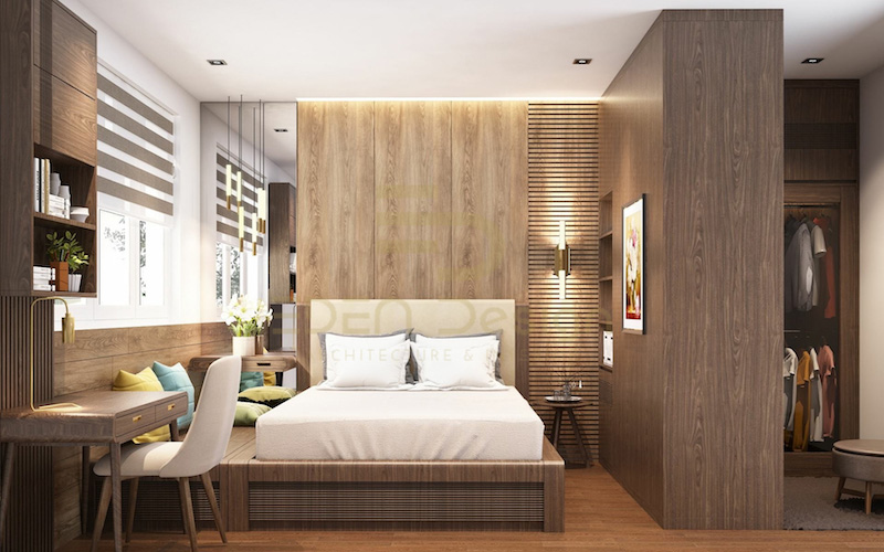 Thiết kế phòng ngủ 3x4m cho vợ chồng trẻ với nội thất gỗ nhân tạo