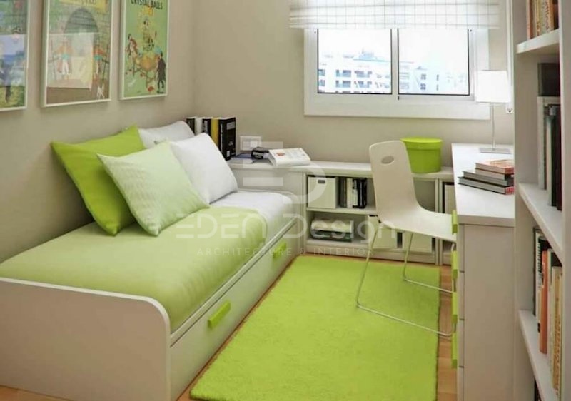 Phòng ngủ màu xanh lá cây tươi mát có diện tích chỉ 7m2