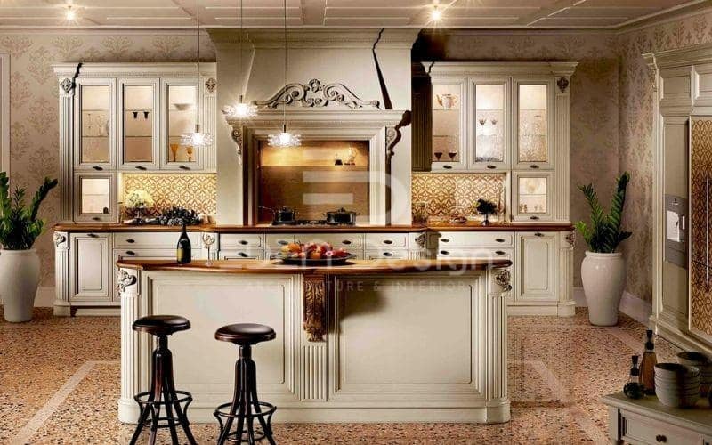Trần thạch cao phòng bếp cổ điển có điểm nhấn là các ô vuông tinh tế