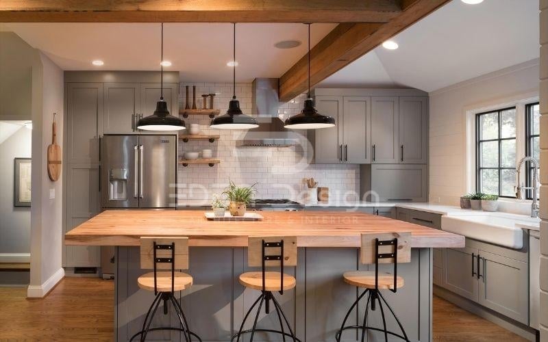 Trần thạch kết hợp nội thất gỗ gỗ giúp căn bếp ấm áp và bình yên hơn