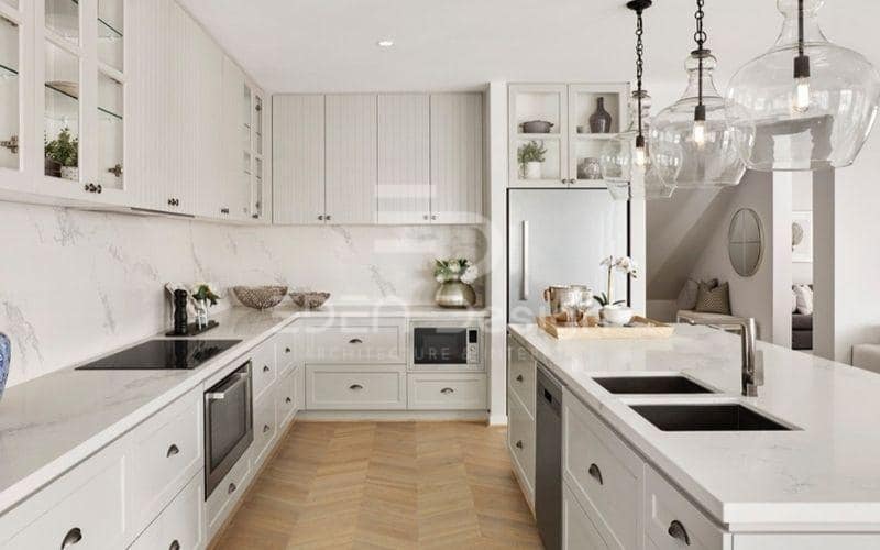 Mẫu trần thạch cao tối giản trong phòng bếp tone màu trắng tinh tế