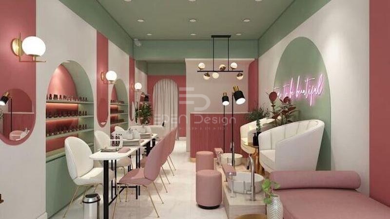 Tiệm nail nhỏ phối màu hồng xanh thiết kế như phòng khách gia đình