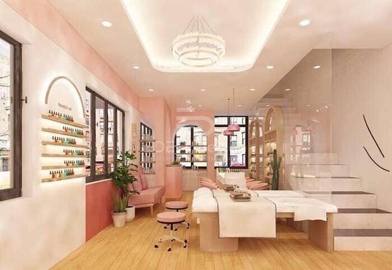 Decor tiệm nail tone màu hồng pastel ngọt ngào và hiện đại