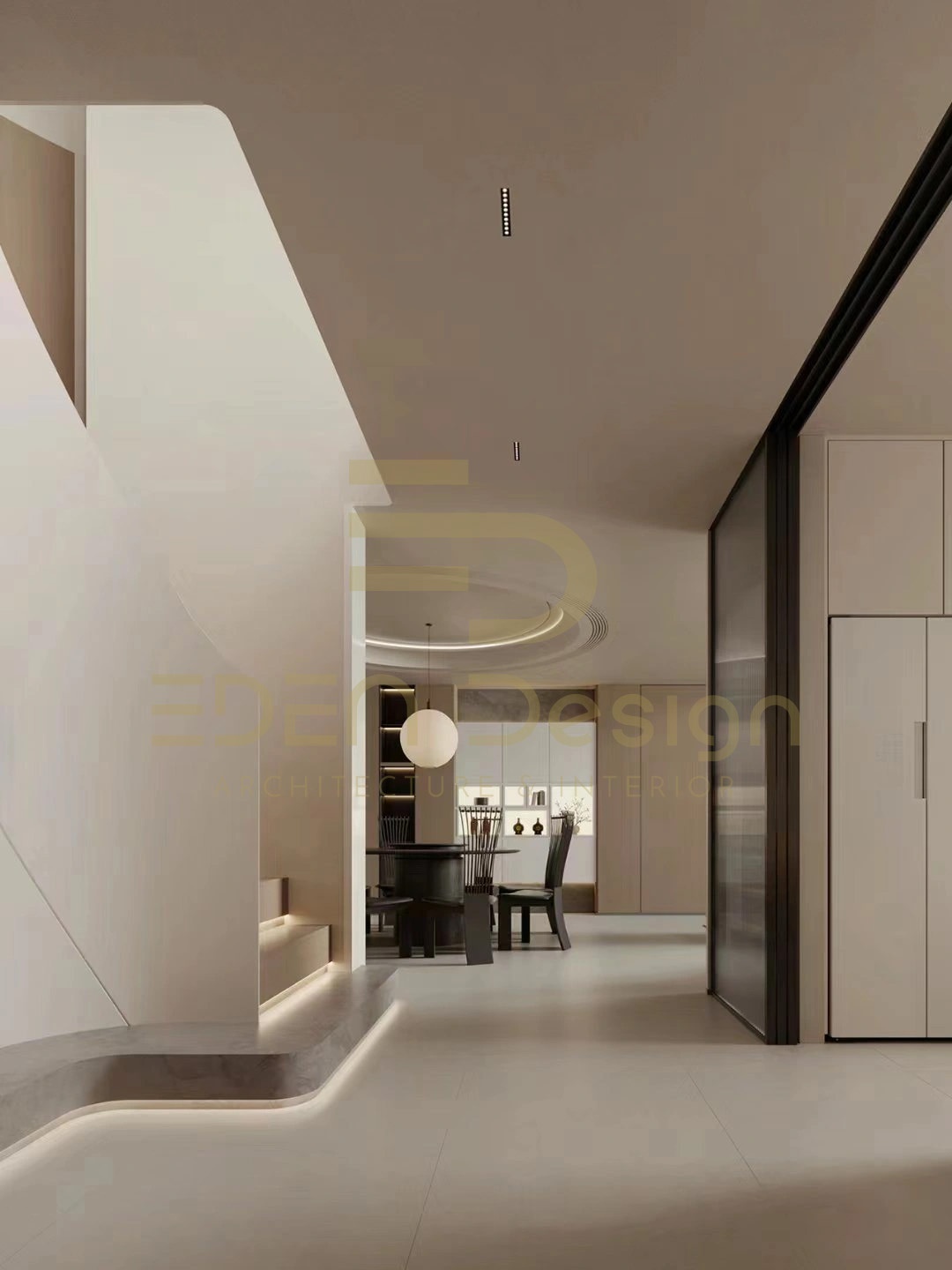 Màu trắng kem của tường, sàn và trần làm nổi bật các chi tiết nội thất trong nhà
