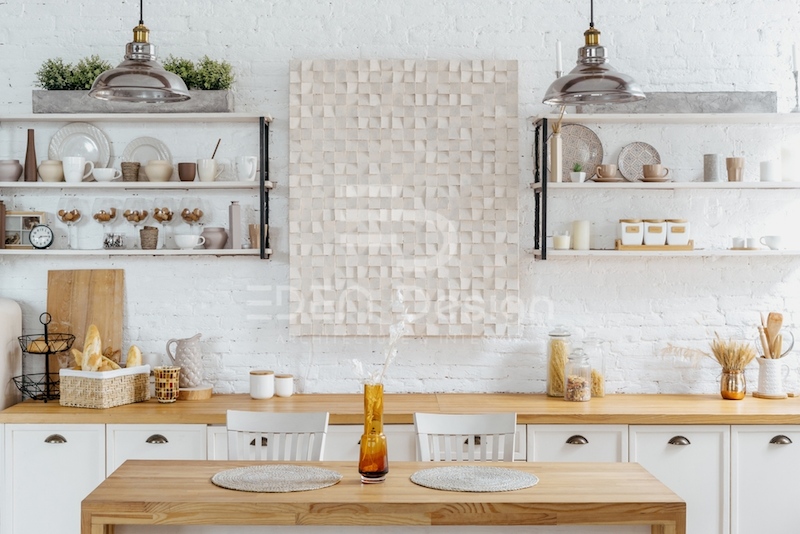 Nhà bếp nhỏ theo phong cách Bắc Âu sử dụng kệ treo tường đơn giản