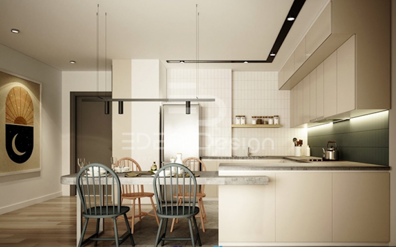 Nội thất phòng bếp nhỏ dùng màu be chủ đạo là xu hướng mới nhất