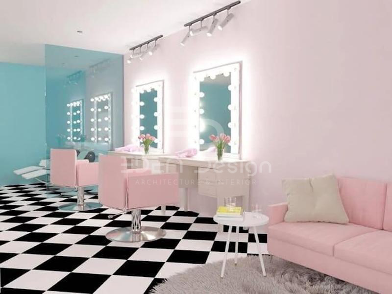 Mẫu thiết kế tiệm nail màu hồng kết hợp sàn nhà ô đen trắng