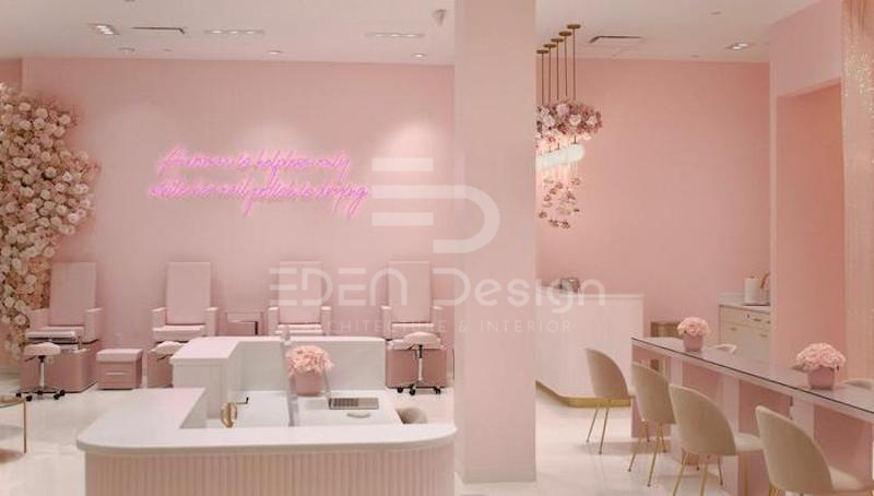 Thiết kế tiệm nail màu hồng có khu vực riêng để ngồi chờ, uống cafe