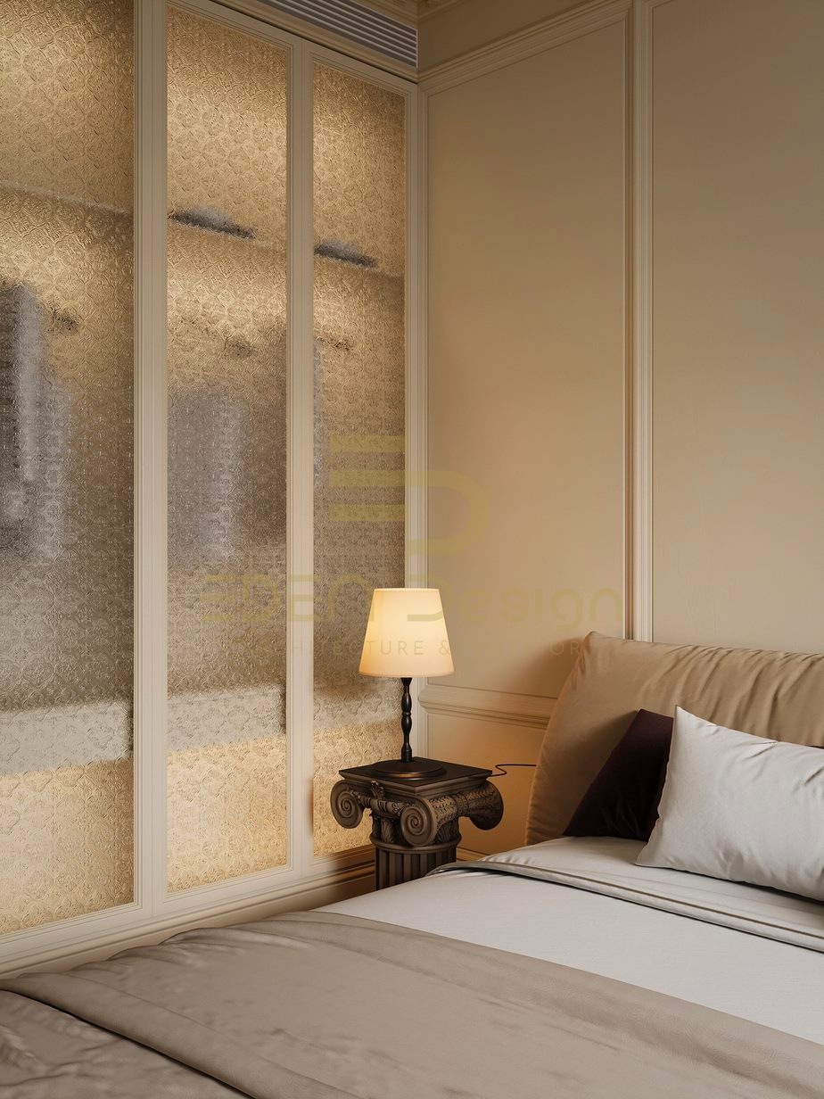 Phòng ngủ tối giản nhưng vẫn thể hiện được tính đồng điệu trong thiết kế biệt thự