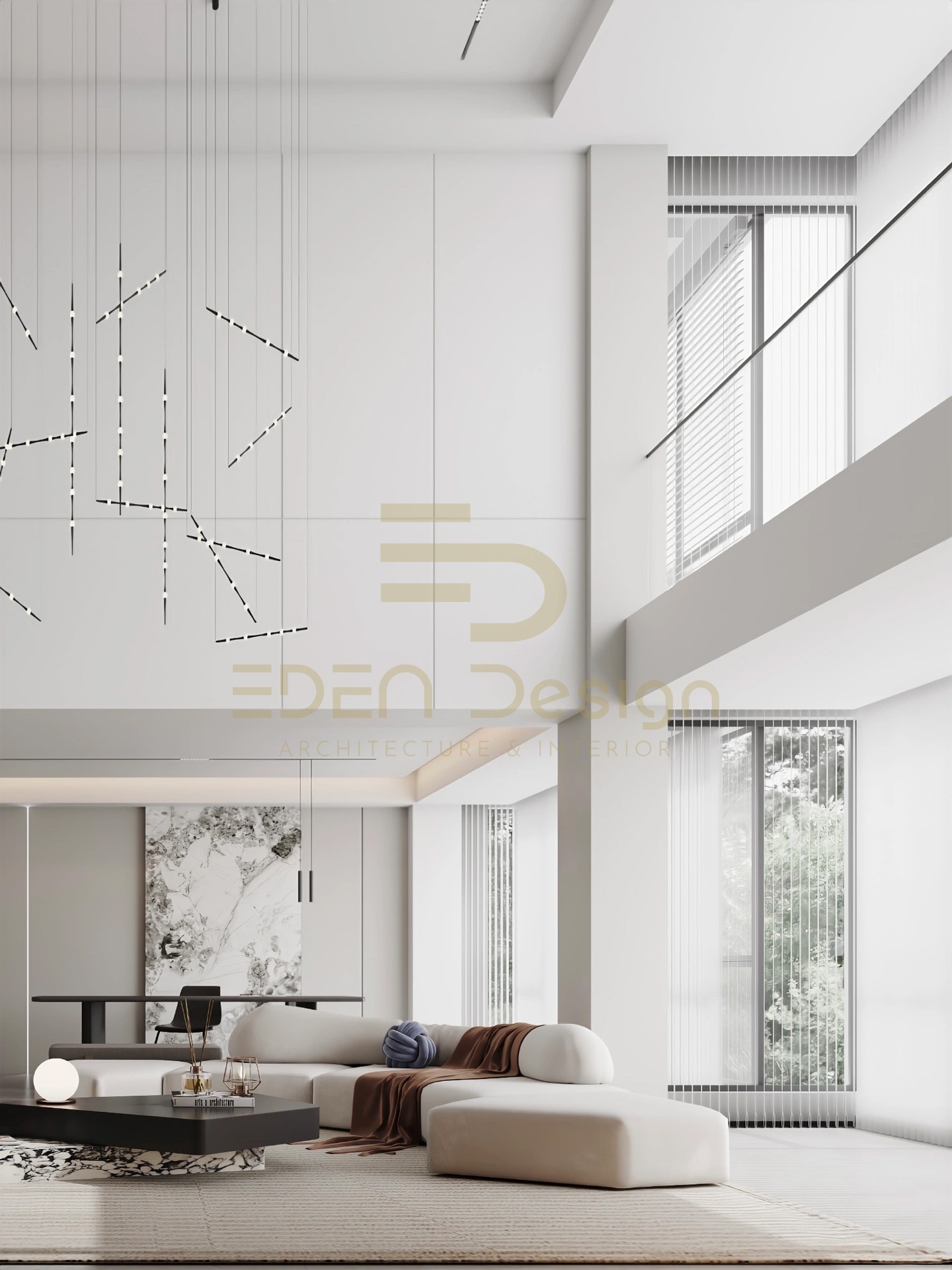 Phòng khách được thiết kế thông tầng tận dụng triệt để ánh sáng vào không gian