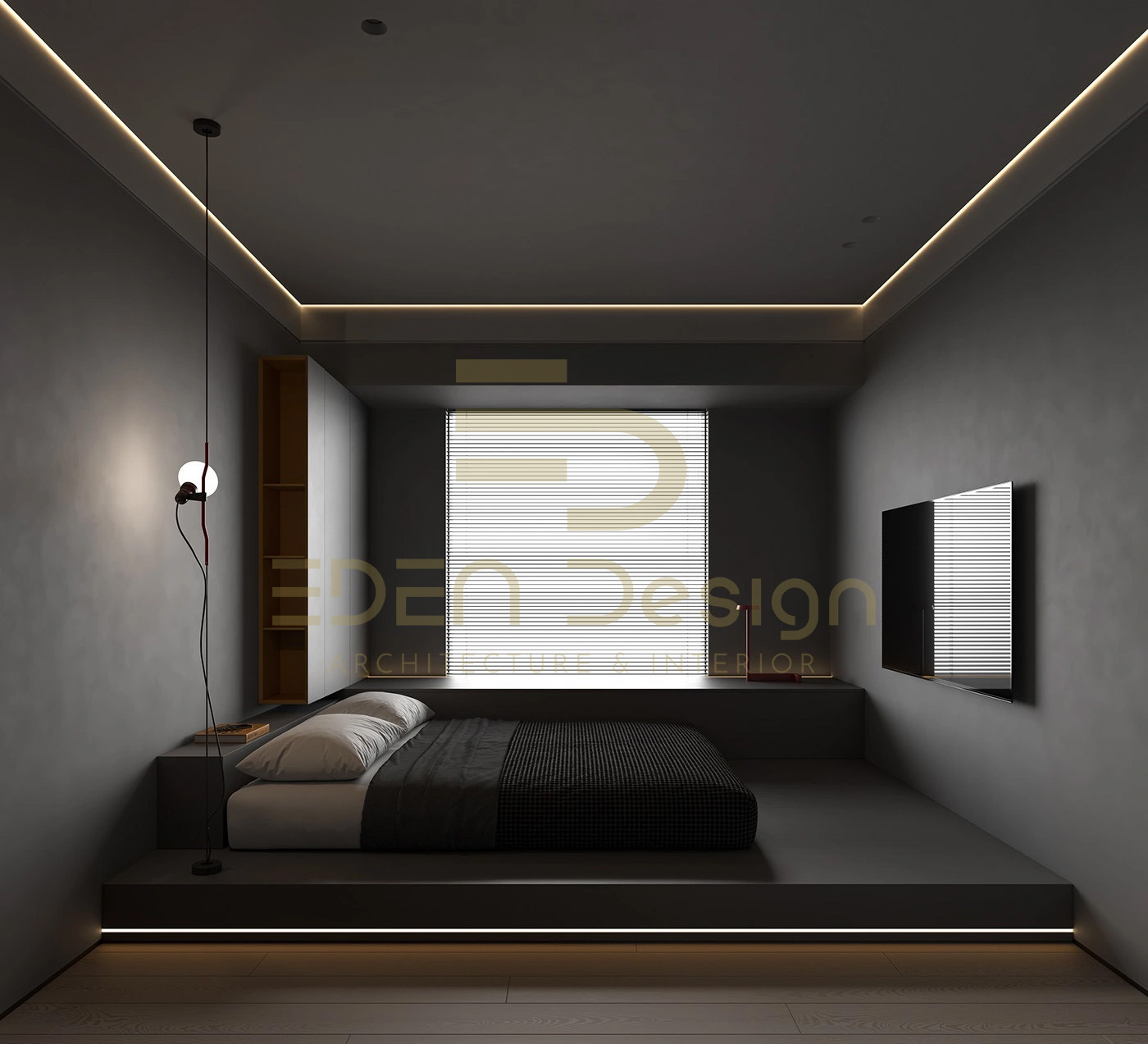 Phòng ngủ được thiết kế tối giản và hiện đại