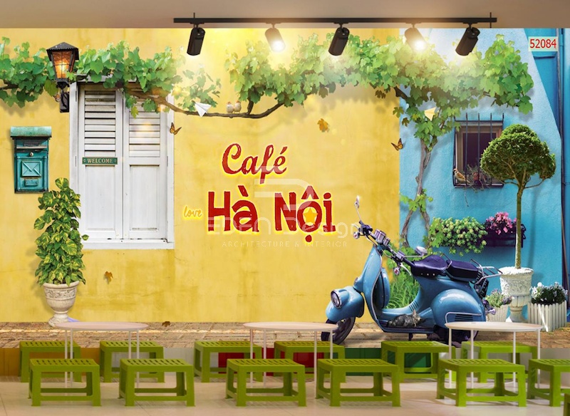 Trang trí cafe cóc tranh tường đơn giản và chữ viết tay