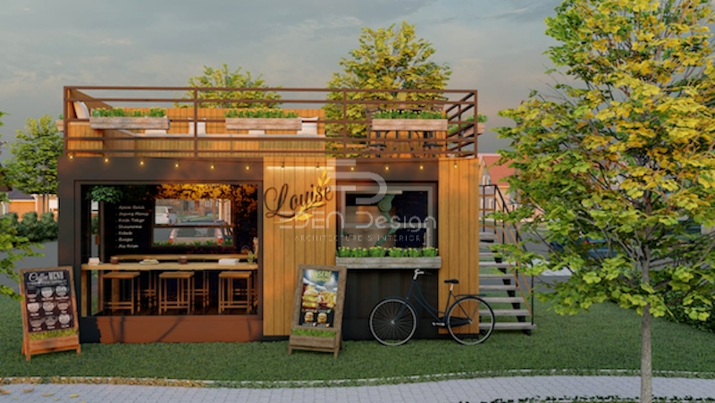 Quán Cafe Container ốp gỗ ấm áp và hài hòa với thiên nhiên