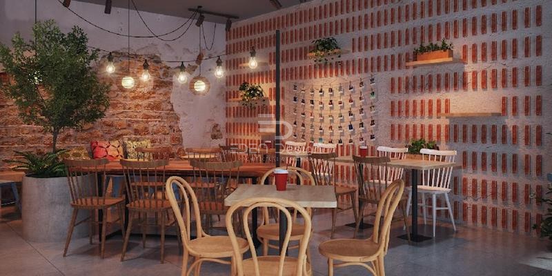 Thiết kế tường gạch cho quán cafe không gian mở