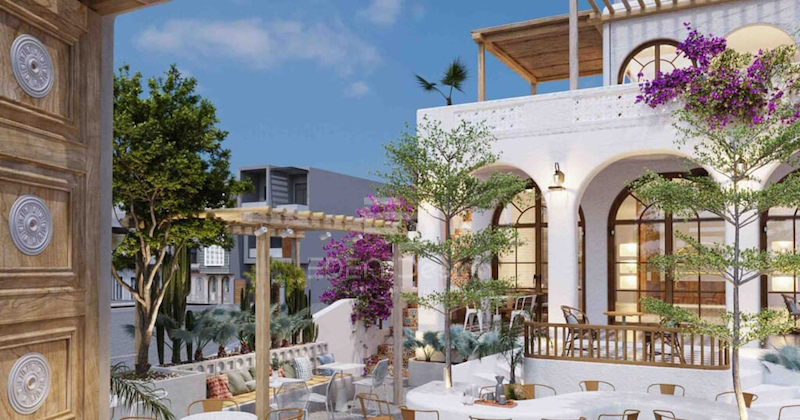 Mô hình quán cafe 2 tầng phong cách Địa Trung Hải với những bức tường trắng đặc trưng