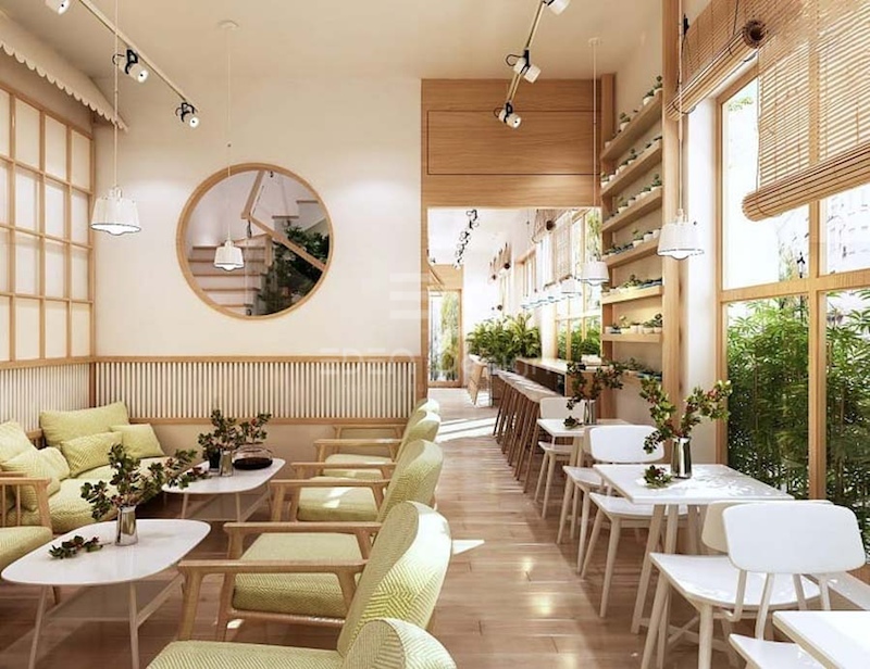 Mẫu quán cafe nhà ống thiết kế theo phong cách Nhật Bản