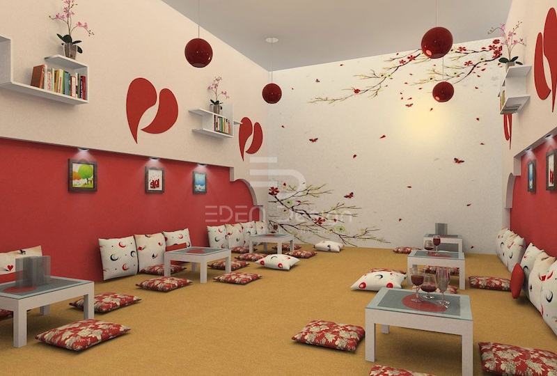 Họa tiết trang trí quán trà sữa tone trắng đỏ sáng tạo theo phong cách Nhật Bản