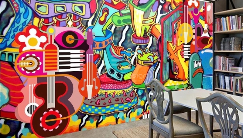 Nghệ thuật đường phố thể hiện trong những bức tranh tường sử dụng trong quán cà phê sách