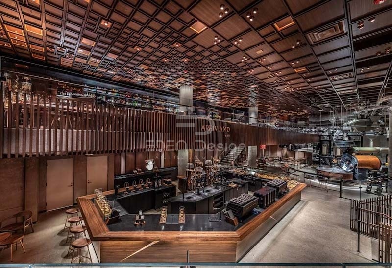 Thiết kế trần quán cafe ô gỗ bất đối xứng cho không gian cafe lớn