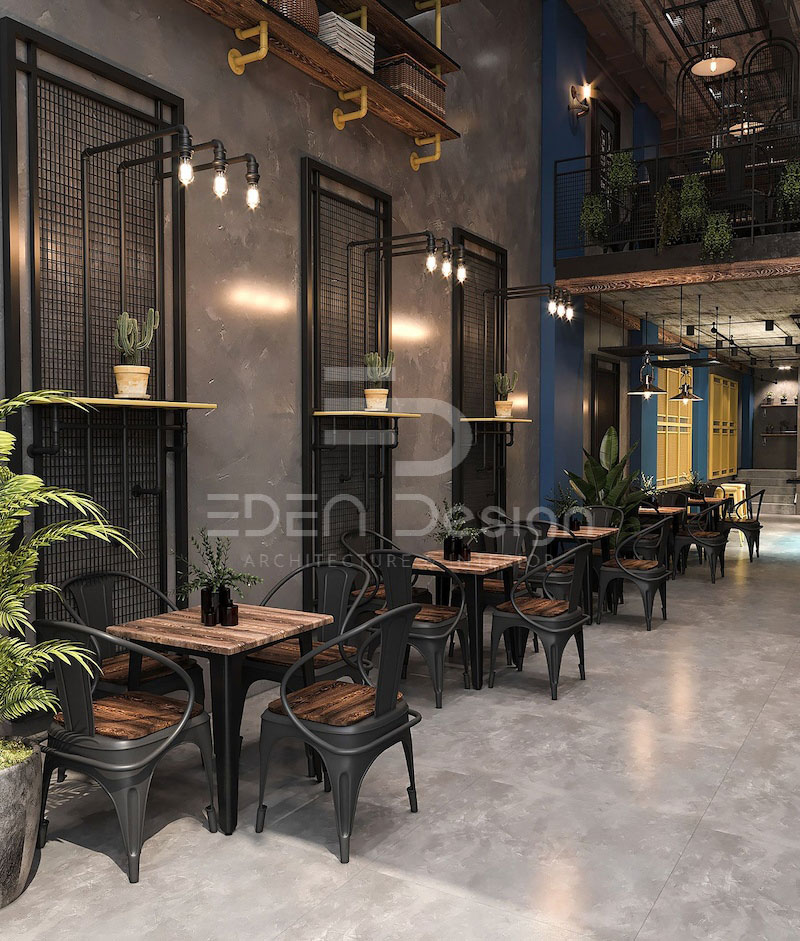 Các màu xám, trắng, ghi tạo ra không gian hiện đại và tinh tế cho quán cafe phong cách Industrial