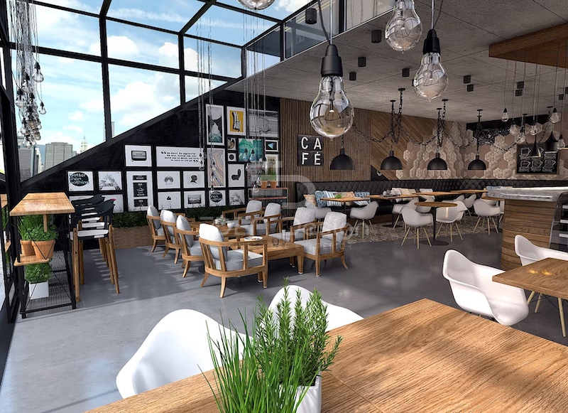 Không gian được tạo nên từ kính và thủy tinh mang lại cảm giác rộng rãi cho quán cafe phong cách Industrial