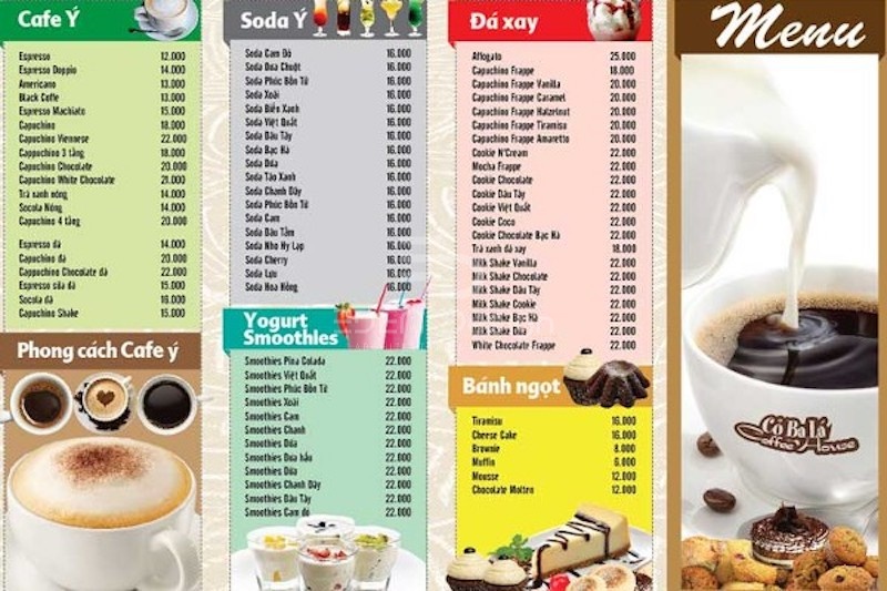Mẫu thiết kế menu cafe nhiều món đặc sắc, đa dạng màu sắc