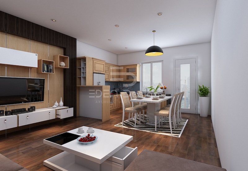 Phòng bếp tích hợp chung với phòng khách dành cho căn nhà chung cư
