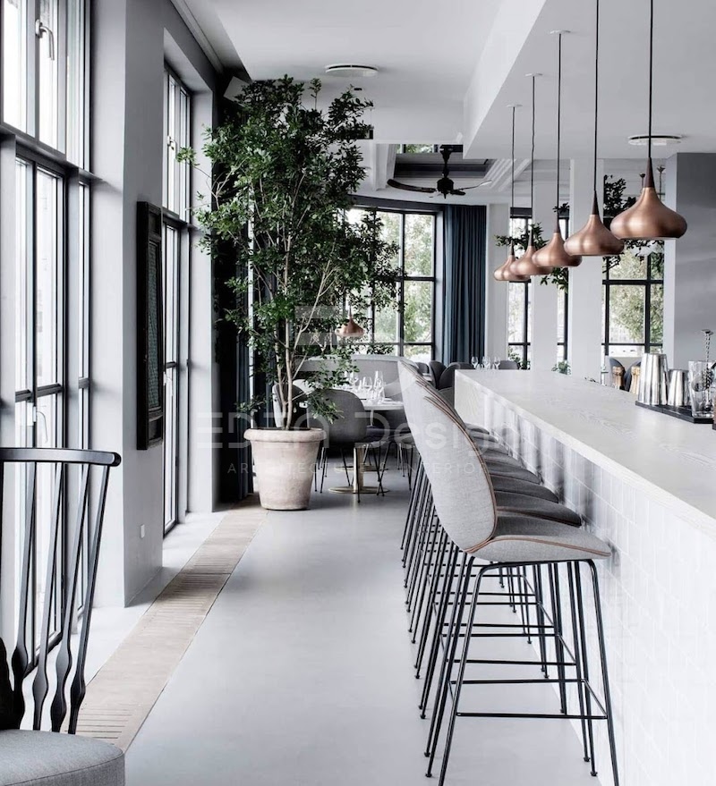 Thiết kế quán cafe phong cách Scandinavian màu xám nhẹ nhàng, tạo hiệu ứng tích cực cho không gian