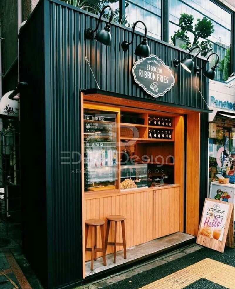 Thiết kế cafe take away vintage phối màu nâu gỗ và xanh cổ điển đặc trưng