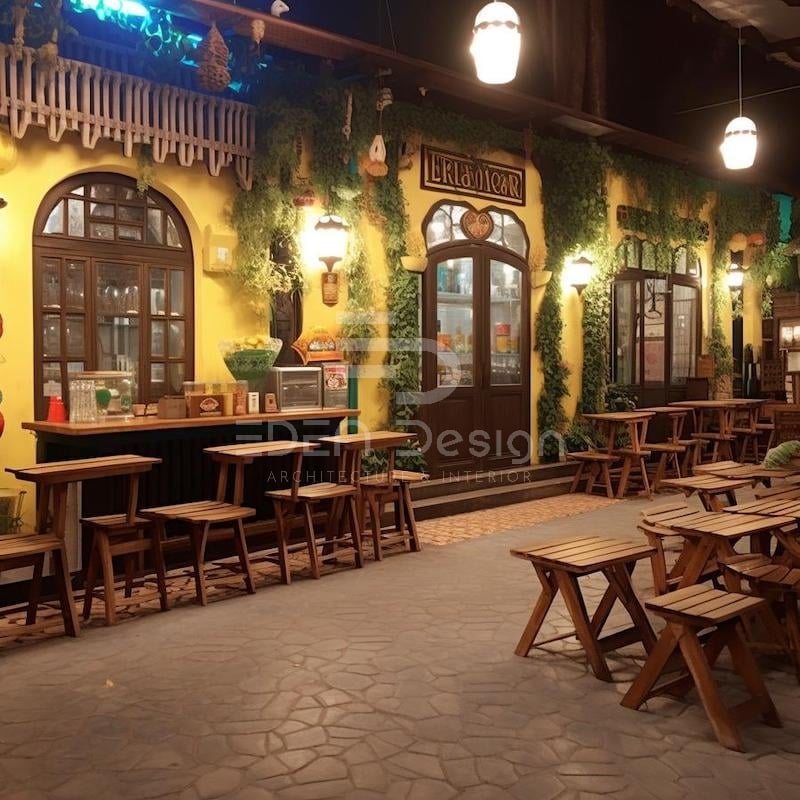 Thiết kế quán cafe bình dân sử dụng màu vàng cổ điển cùng nội thất gỗ chủ đạo