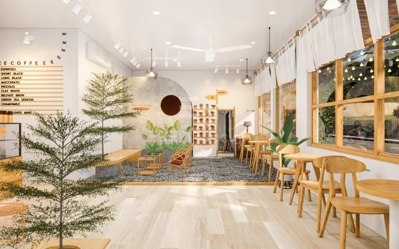 Thiết kế quán cafe bình dân rộng rãi, thoải mái với điểm nhấn là không gian xanh