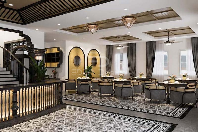 Mẫu thiết kế quán cafe phong cách Indochine kết hợp nhà hàng cao cấp