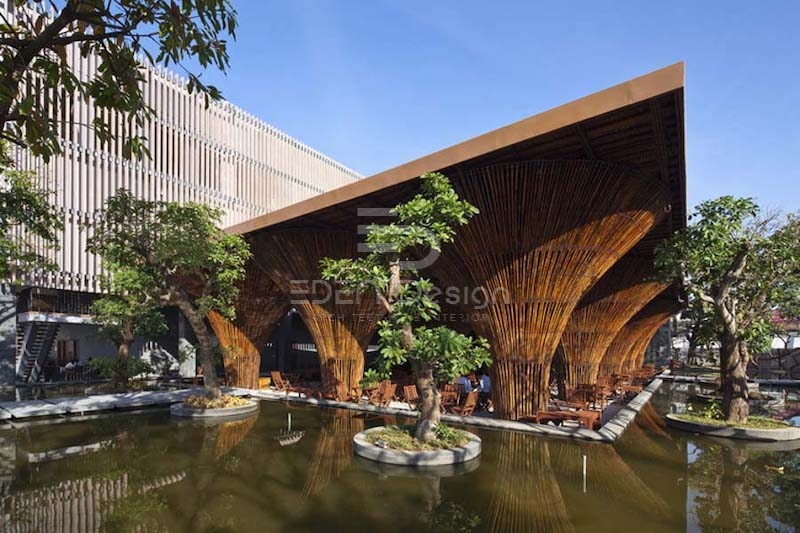 Thiết kế quán cafe phong cách Indochine độc đáo sử dụng chất liệu chính là tre trúc